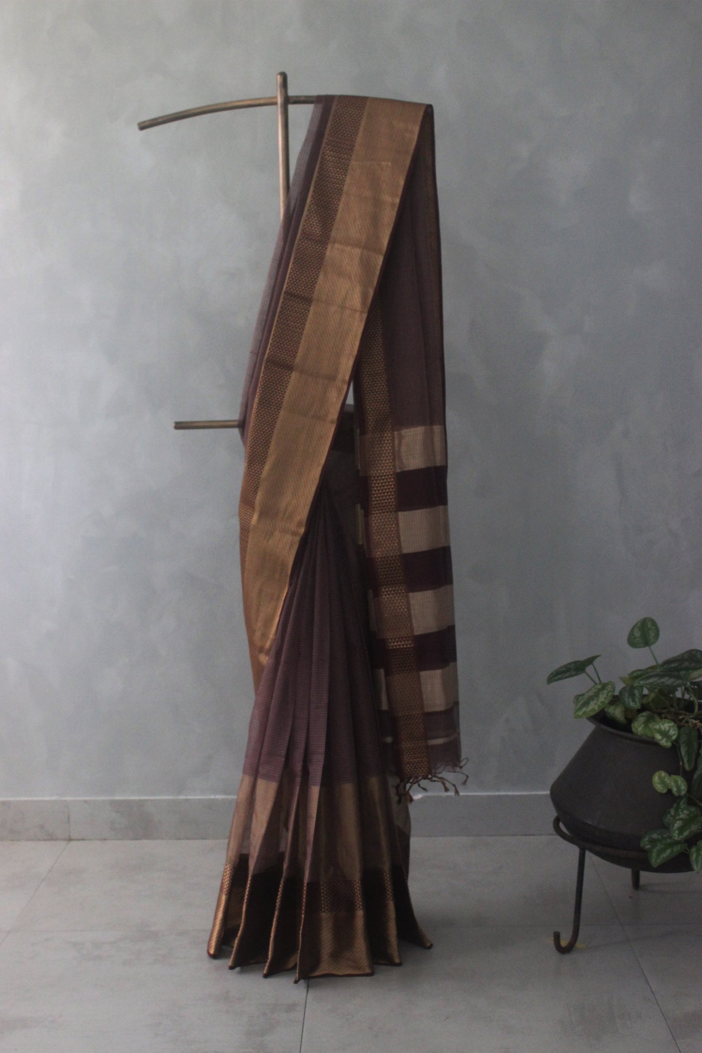 Dark Purple Checked Body with Rassa Border Silk Cotton Saree