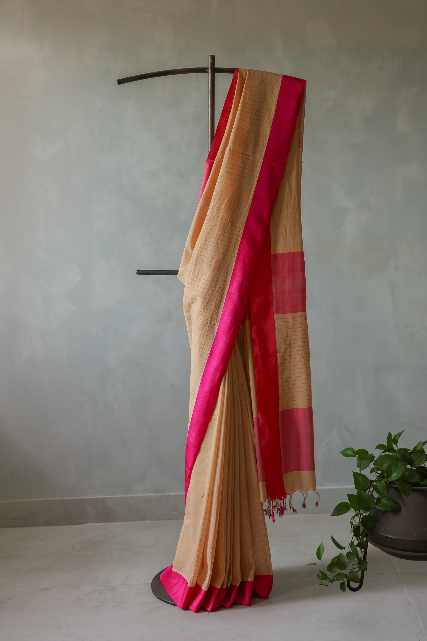 Beige and Pink Bordered Kota with Thin Stripes Saree