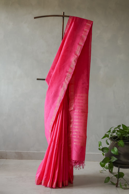 Pink Tussar Linen with Gold Border Saree