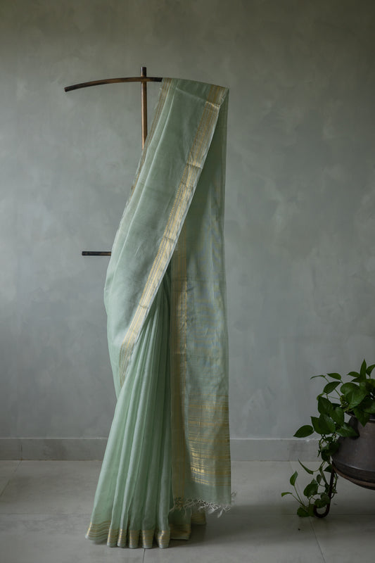 Sea Green Silk Cotton Plain Body Zari Doby Border Saree