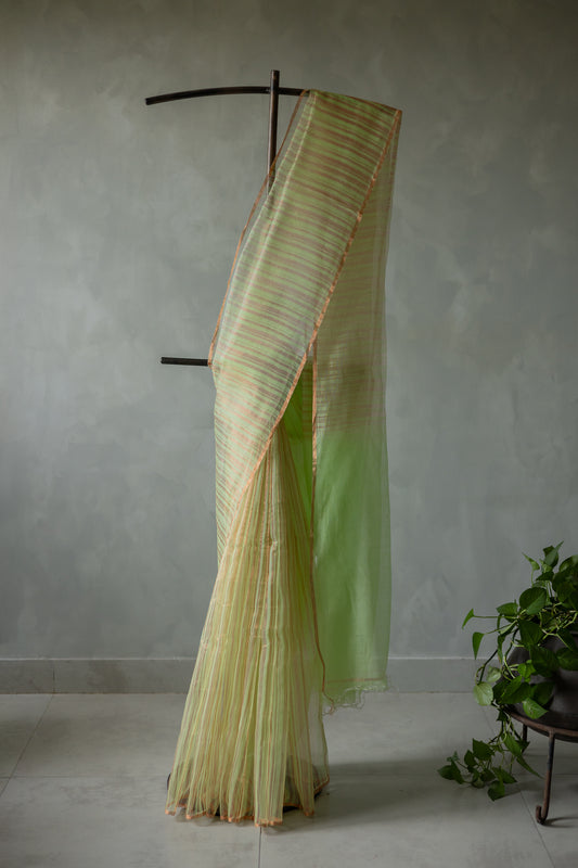 Pista Green and Copper Silk Cotton All Over Gold Tissue Random Striped Saree