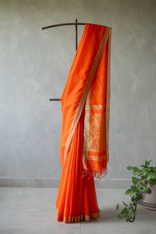 Orange Silk Cotton with Kuchi Checks and Tussar Border Saree