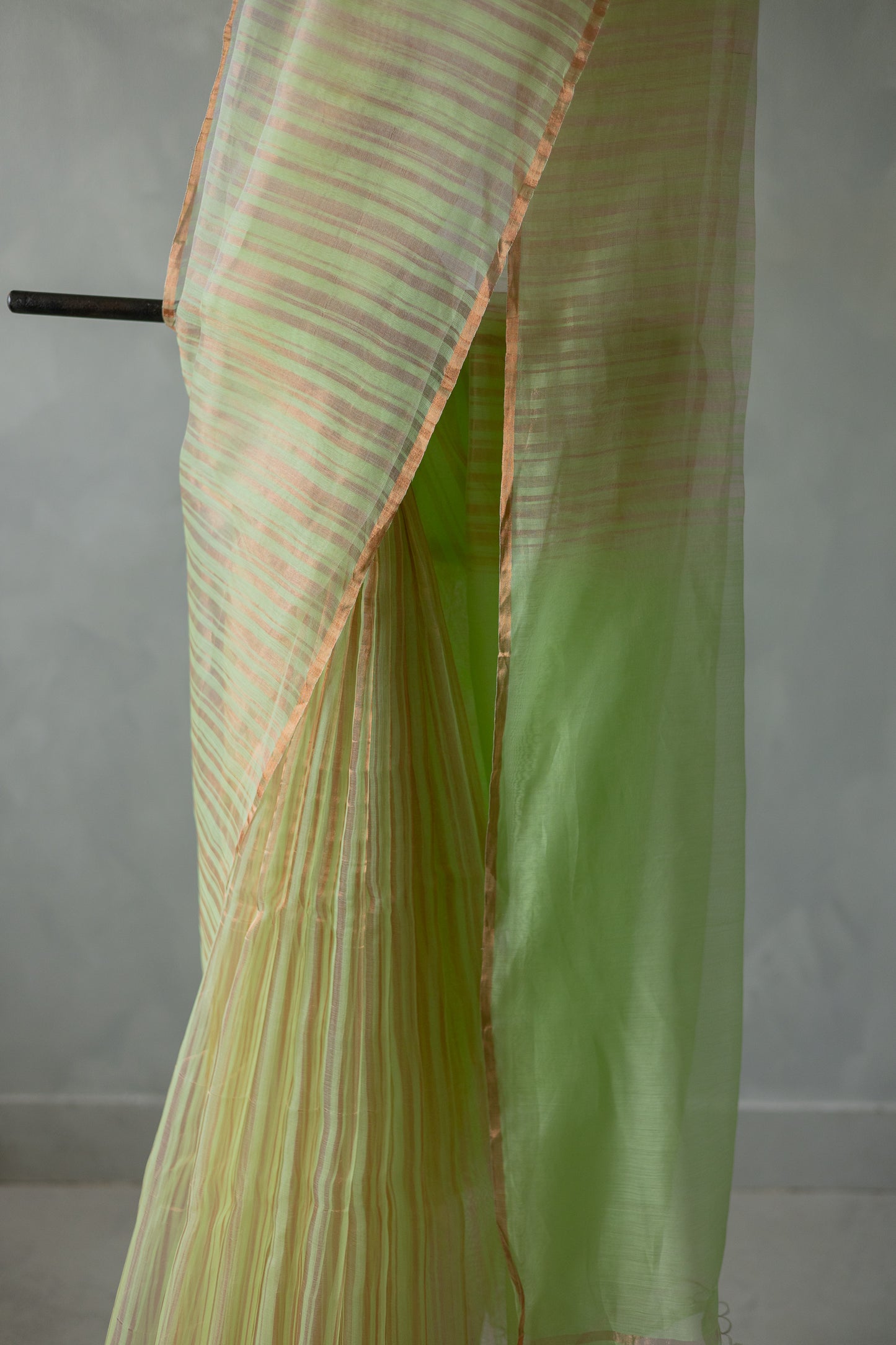 Pista Green and Copper Silk Cotton All Over Gold Tissue Random Striped Saree