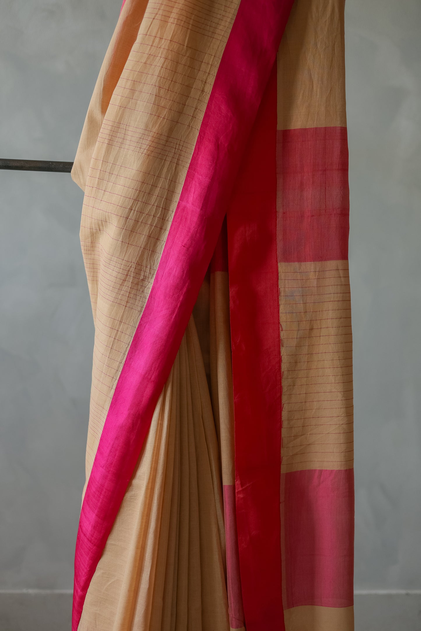 Beige and Pink Bordered Kota with Thin Stripes Saree