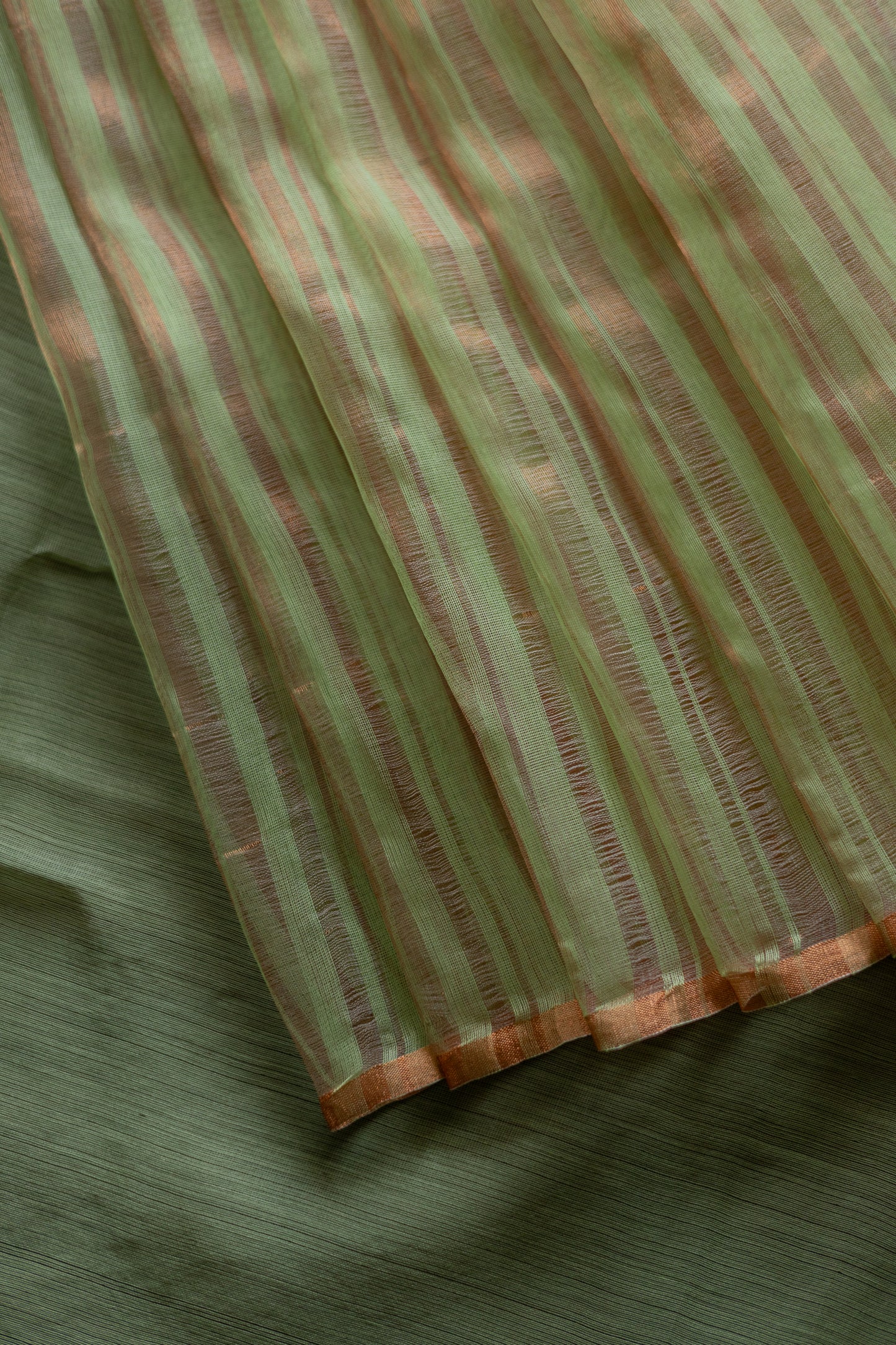 Pista Green and Copper Silk Cotton All Over Gold Tissue Random Striped Saree