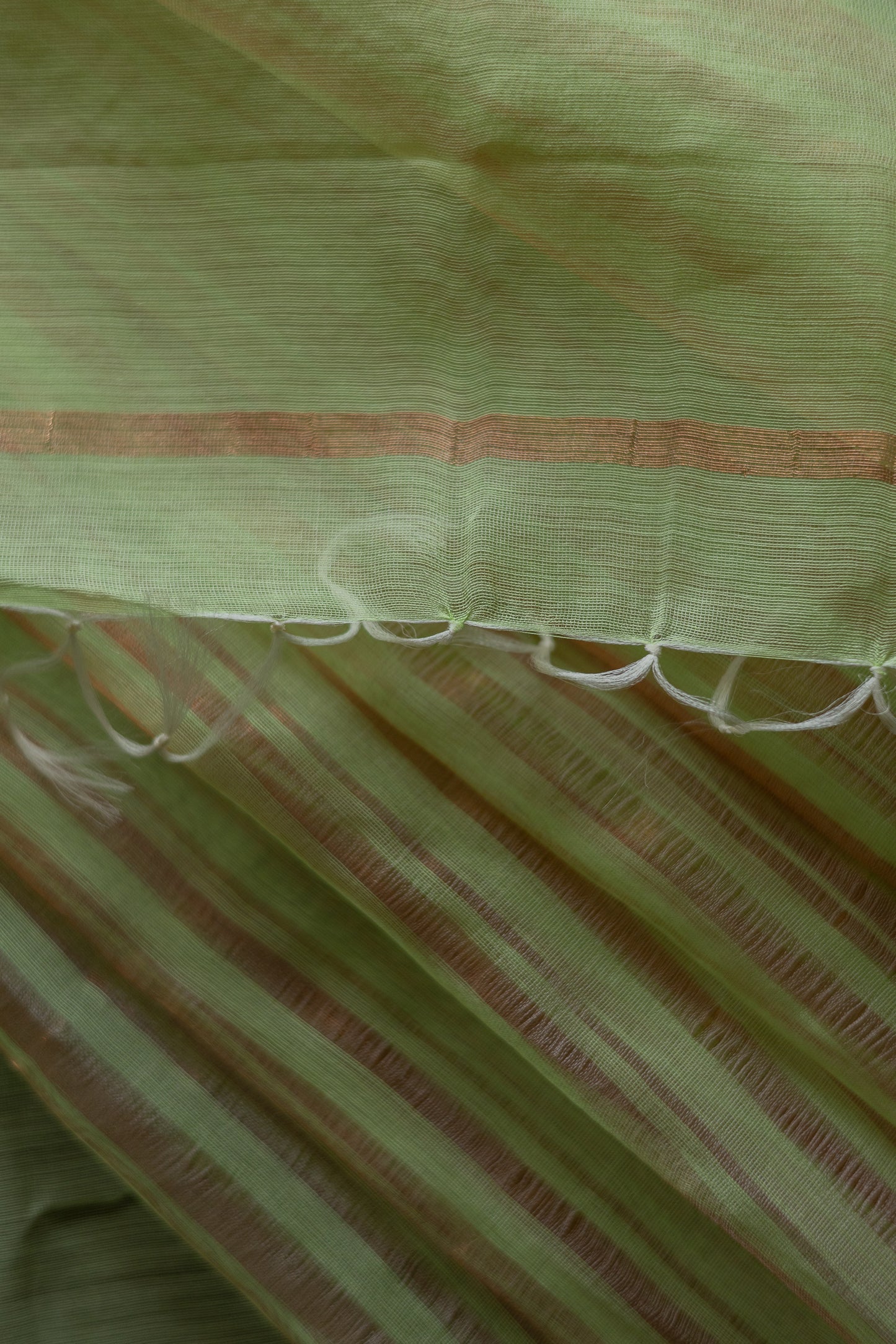 Pista Green and Copper Silk Cotton All Over Gold Tissue Random Striped Saree