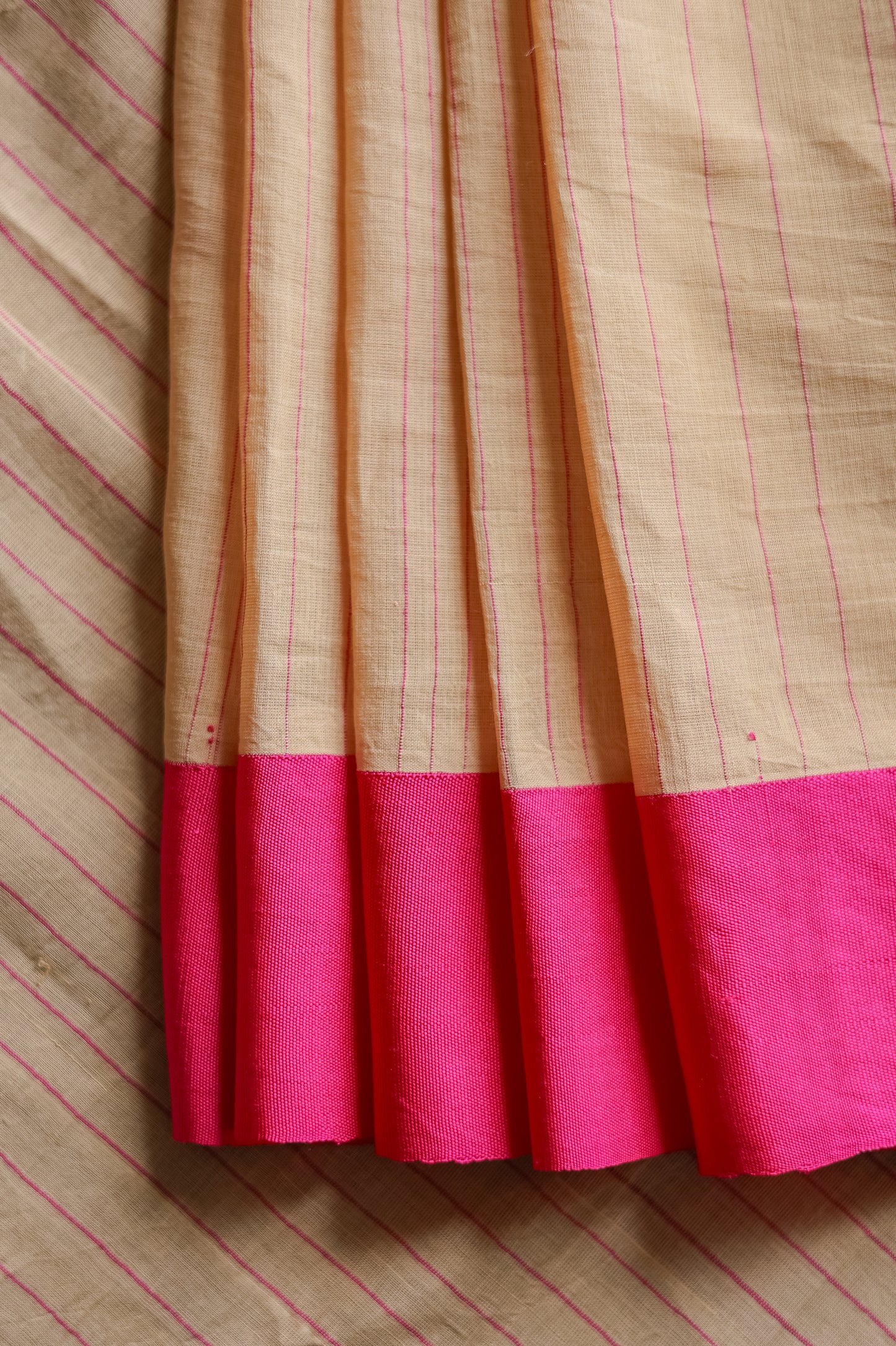 Beige and Pink Bordered Kota with Thin Stripes Saree