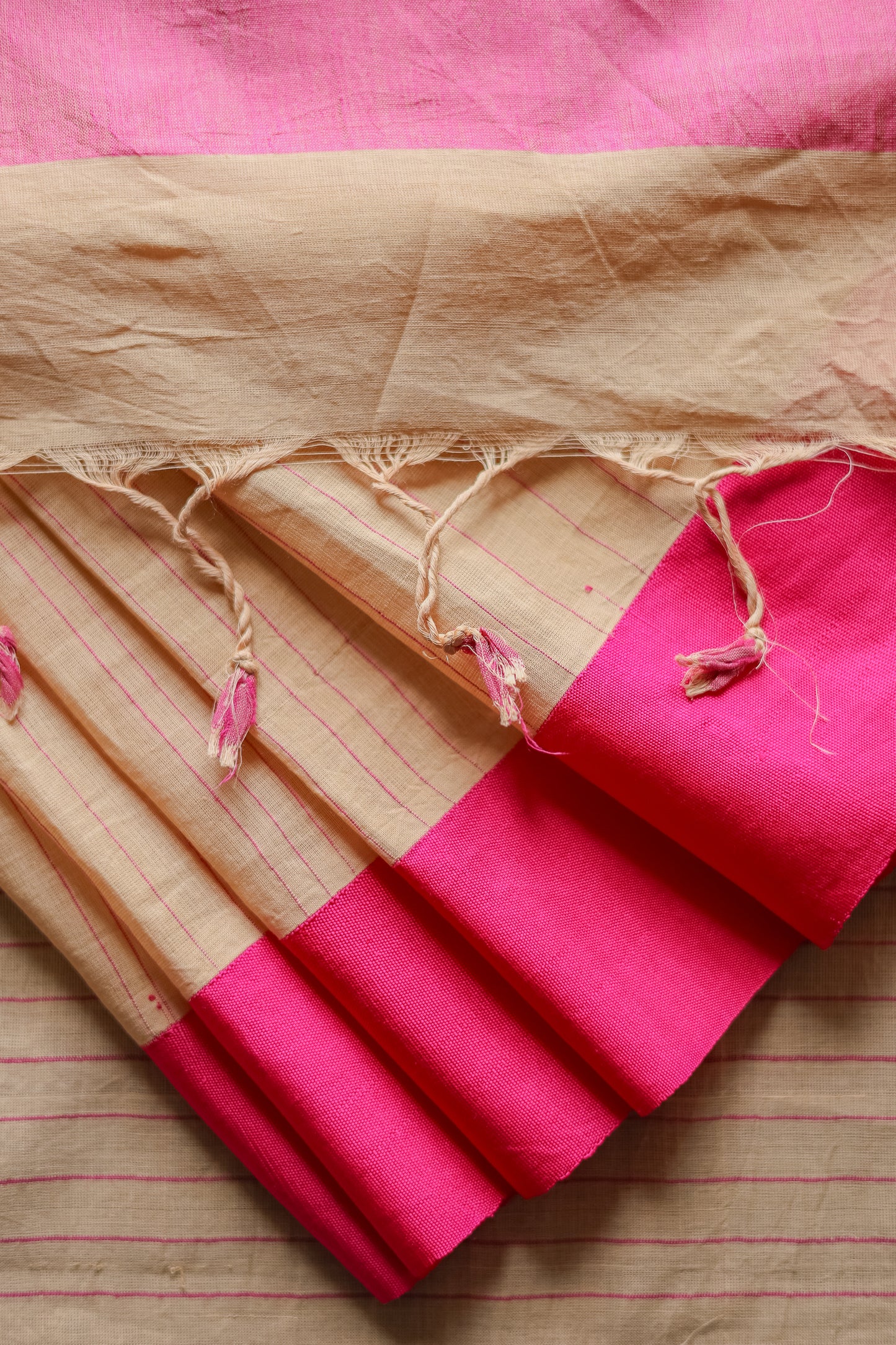 Beige and Pink Bordered Kota with Thin Stripes Saree