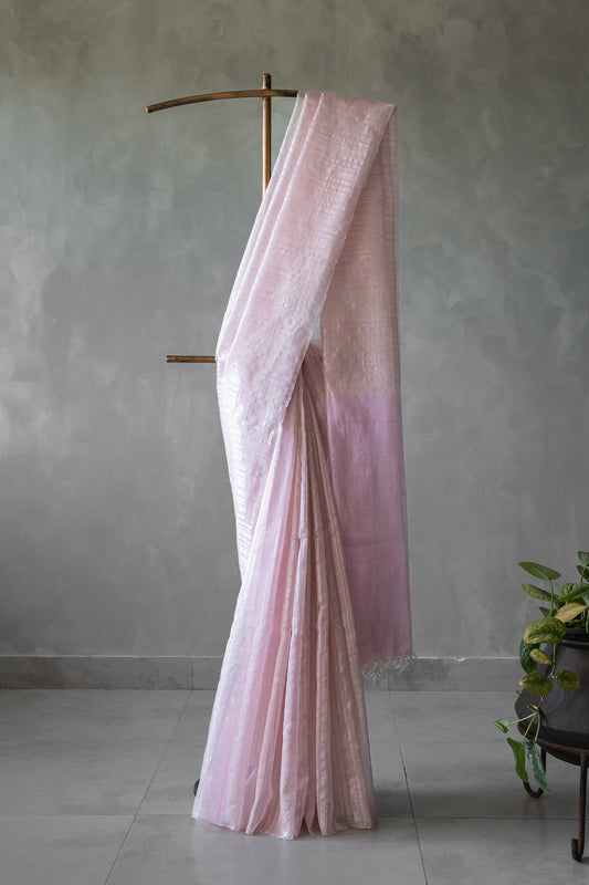 Lilac Pink silk cotton with all over stripes & plain pallu saree