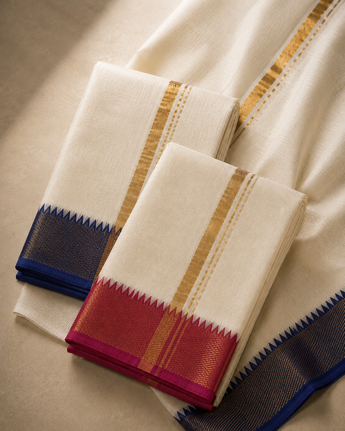 Ivory Mangalagiri Silk Cotton Veshti Set with Gold Zari and Reddish Pink & Blue Border