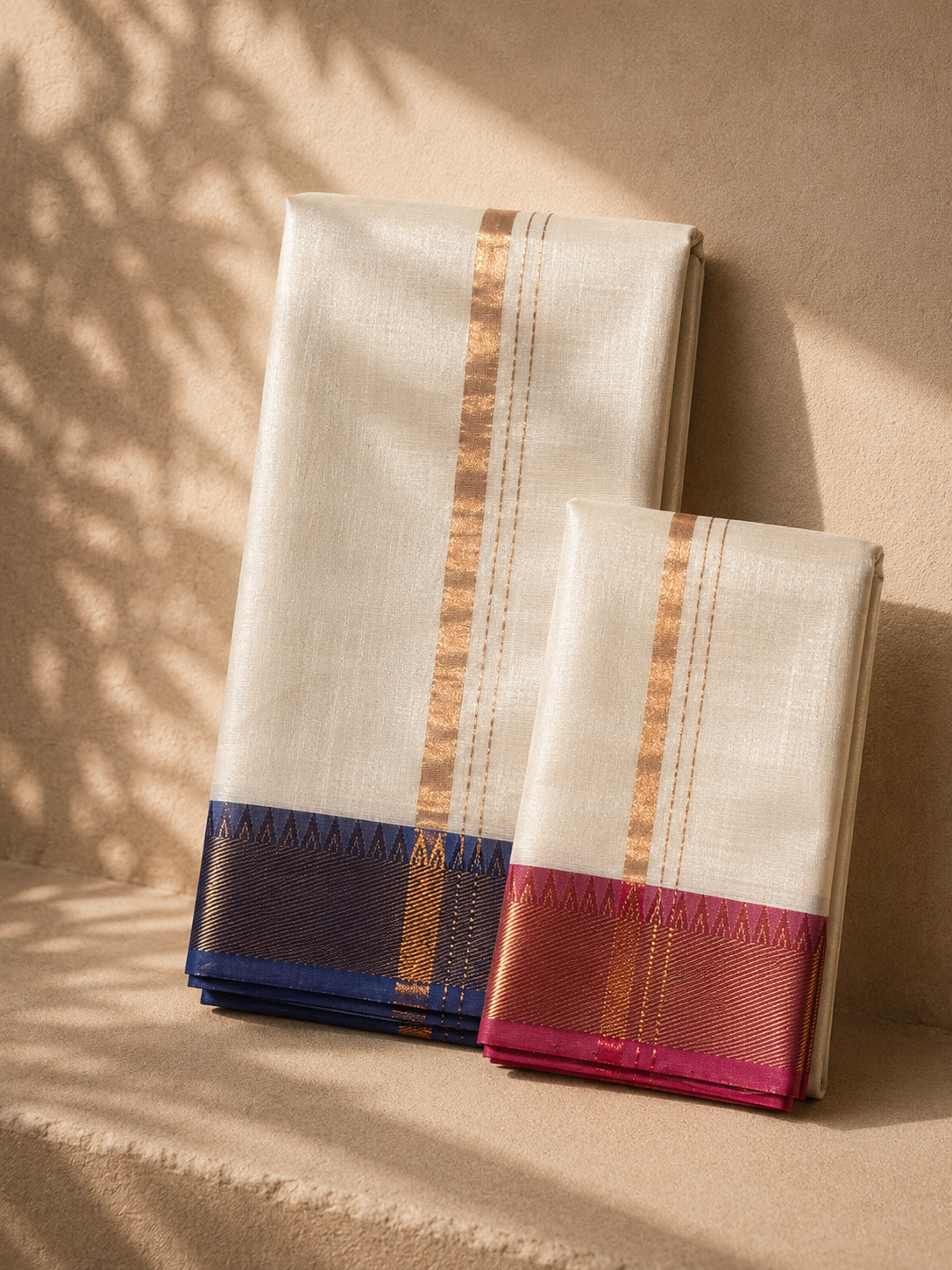 Ivory Mangalagiri Silk Cotton Veshti Set with Gold Zari and Reddish Pink & Blue Border