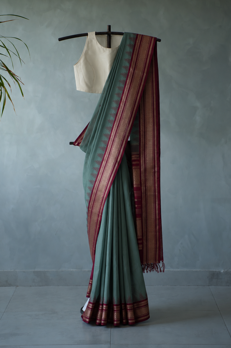 Mint Green Grey Kanchi Cotton with Maroon Border Saree