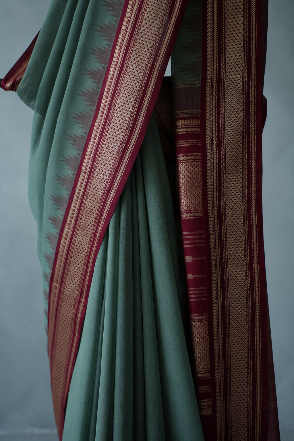 Mint Green Grey Kanchi Cotton with Maroon Border Saree