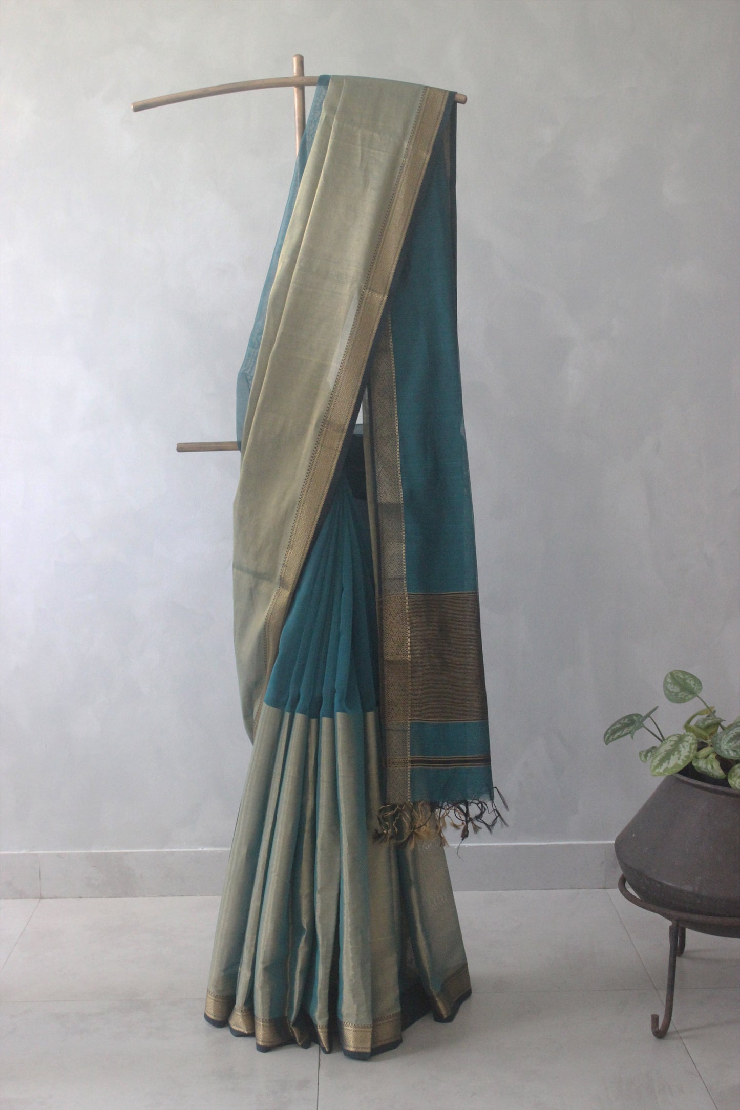 Green Silk Tissue Blended with Silk Cotton Saree