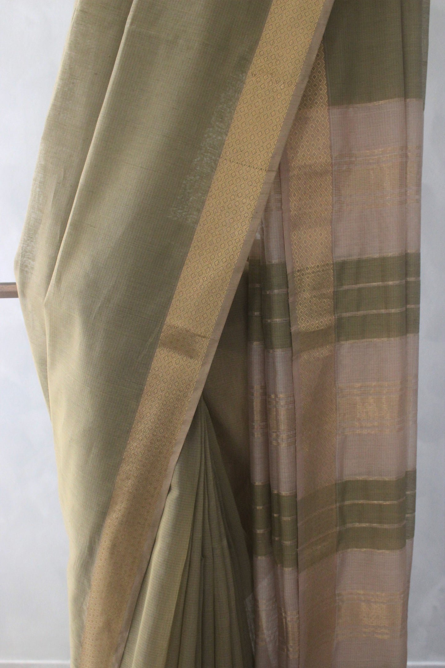 Olive Green silk khadi saree with self stripes & Zari border Saree