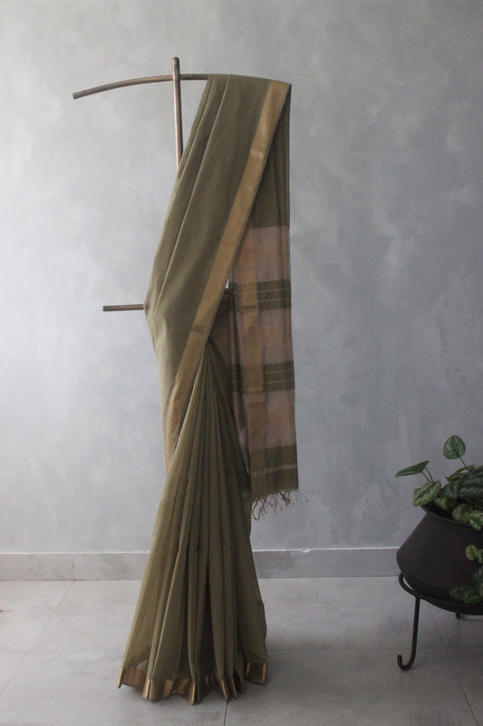 Olive Green silk khadi saree with self stripes & Zari border Saree