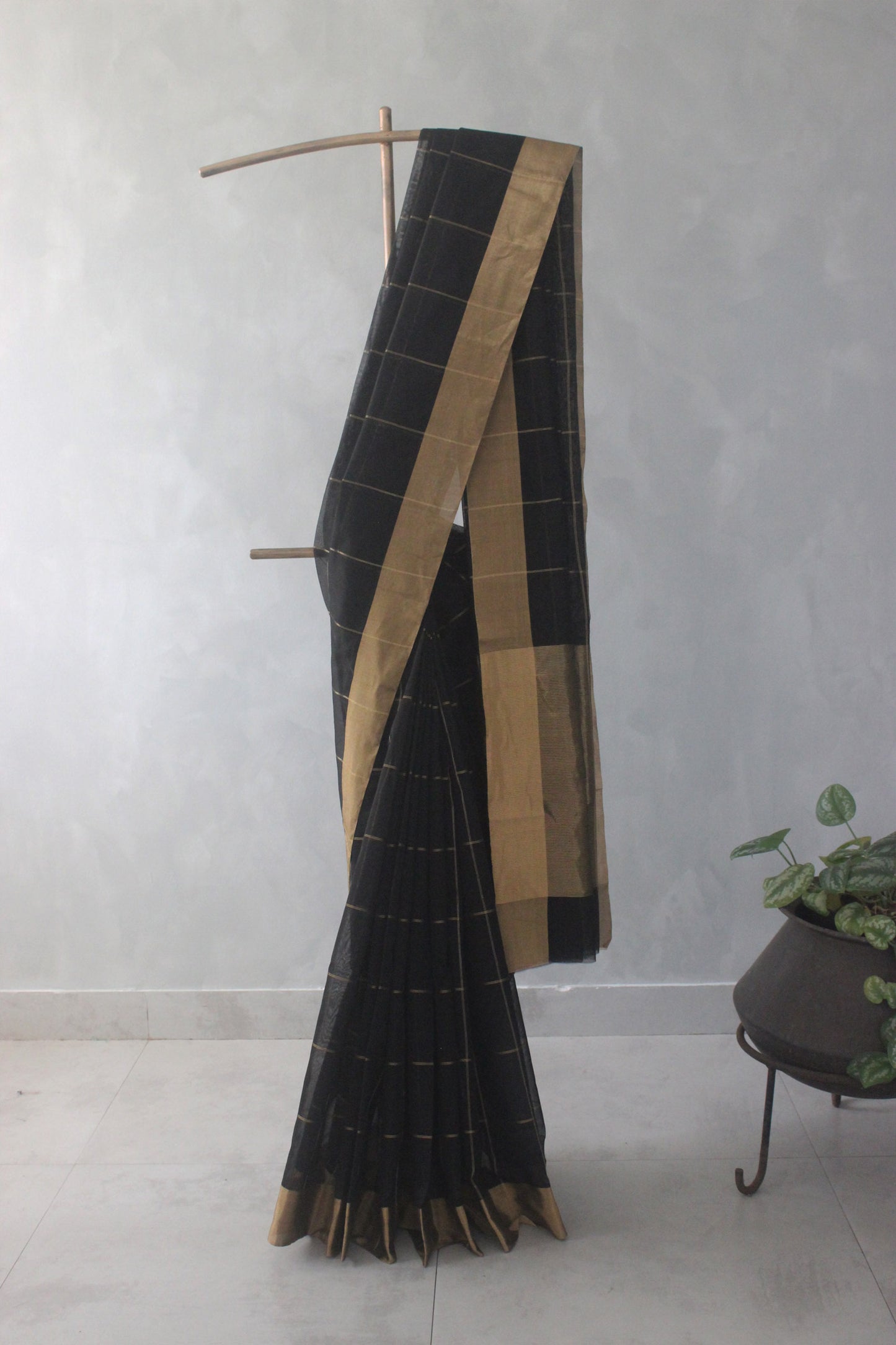 Black Checked Body with Zari border Silk Cotton Saree