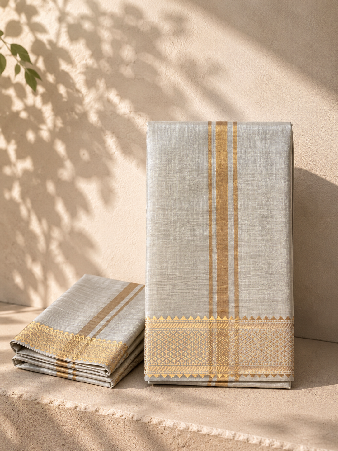 Ivory Grey Mangalagiri Silk Cotton Vesti Set with Gold Border