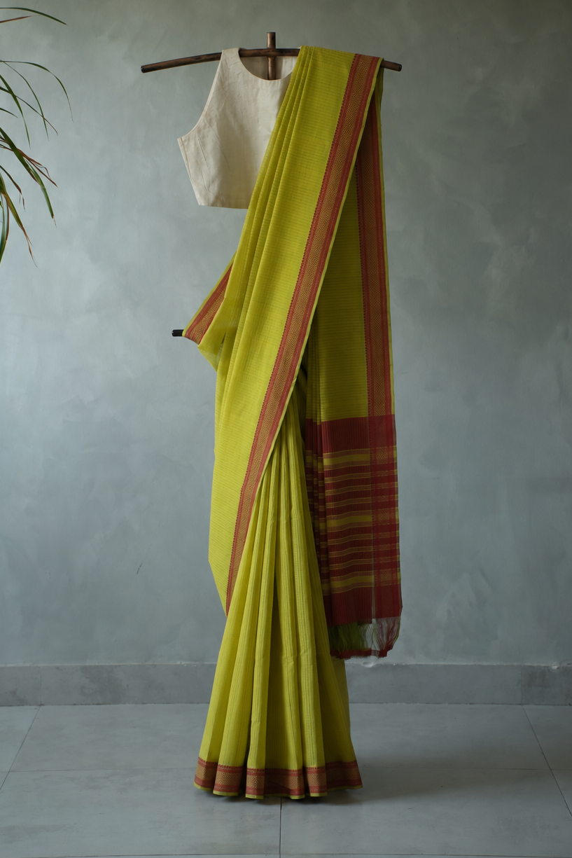 Lime Green Plain Mangalagiri Cotton with Red Border Saree