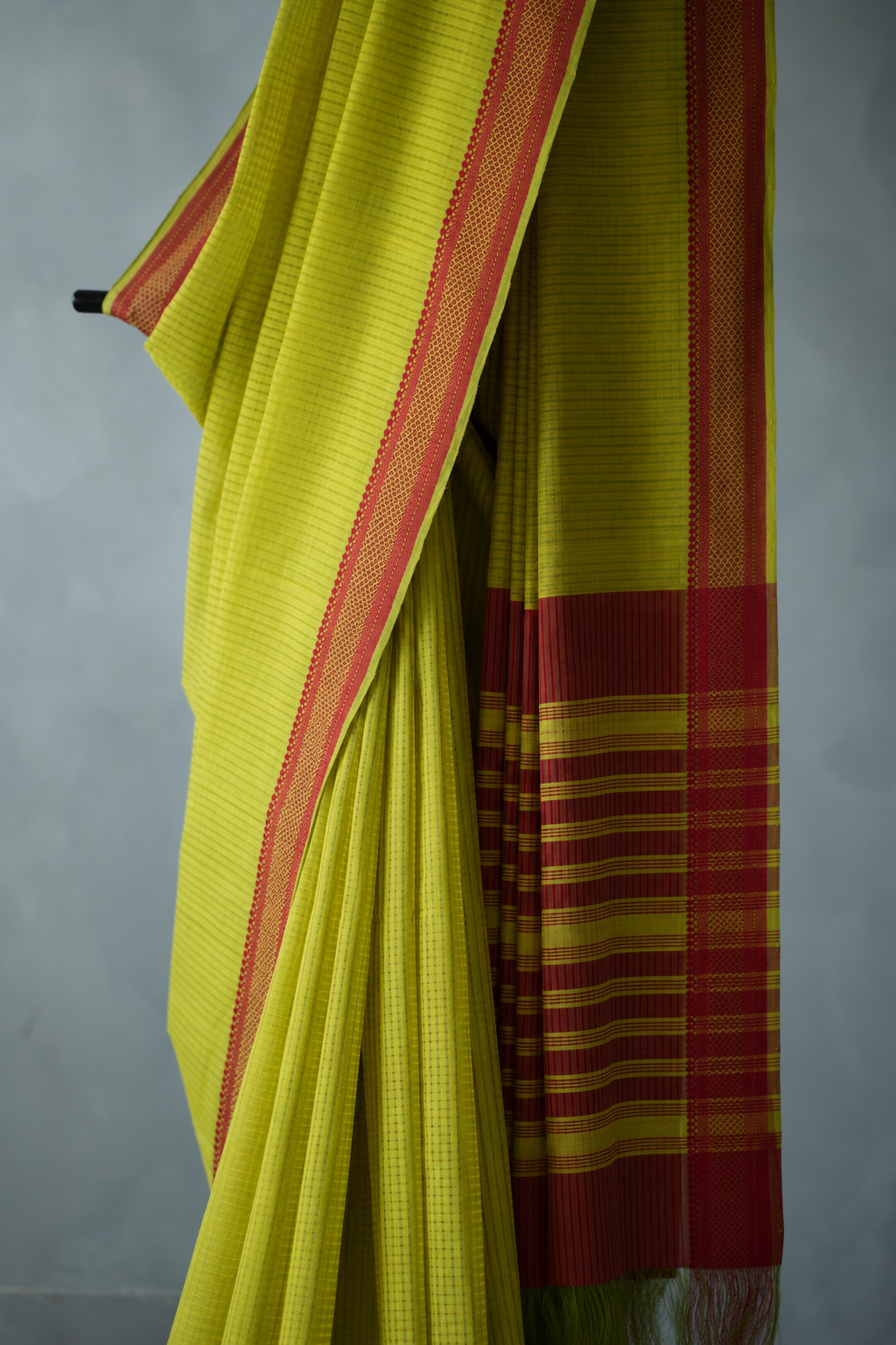 Lime Green Plain Mangalagiri Cotton with Red Border Saree