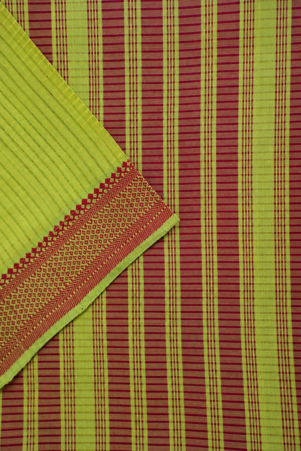 Lime Green Plain Mangalagiri Cotton with Red Border Saree
