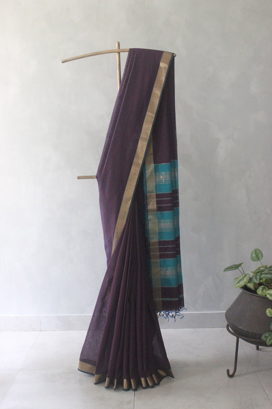 Dark Purple Silk Khadi Saree with Self Stripes & Zari Border Saree