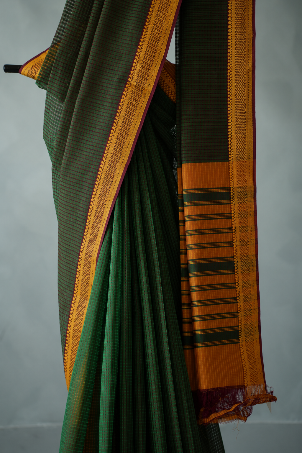 Dark Green Plain Mangalagiri Cotton with Chrome Yellow Border Saree