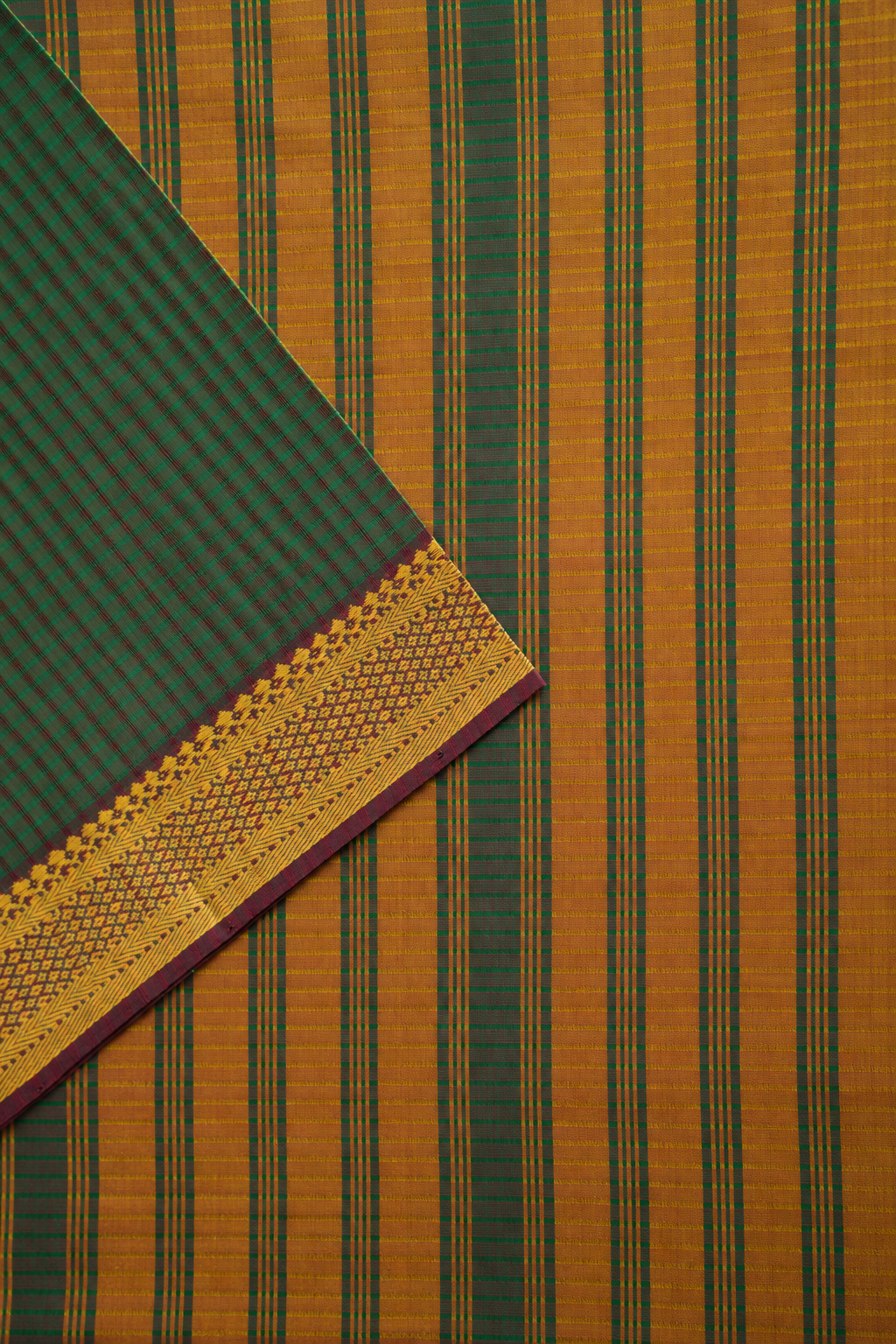 Dark Green Plain Mangalagiri Cotton with Chrome Yellow Border Saree
