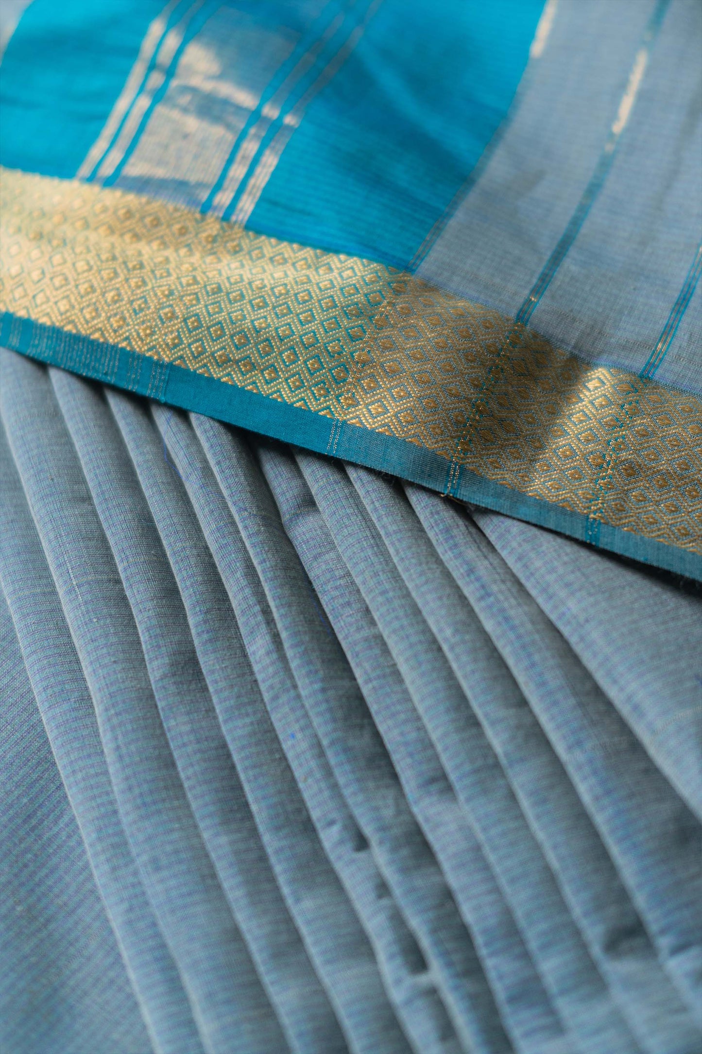 Greyish Blue silk Khadi Saree with Self Stripes & Zari border Saree