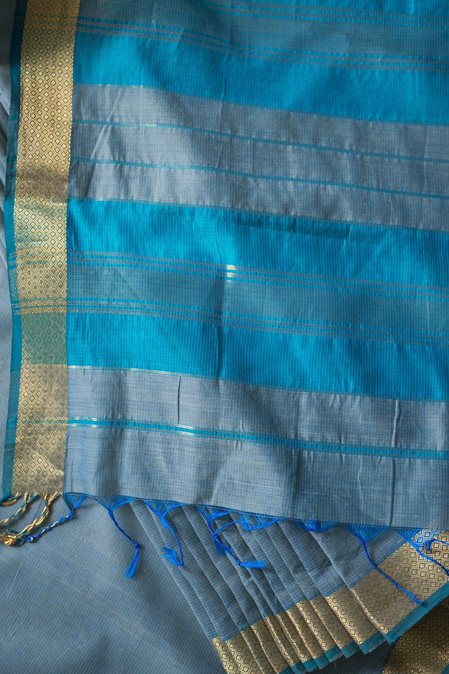 Greyish Blue silk Khadi Saree with Self Stripes & Zari border Saree