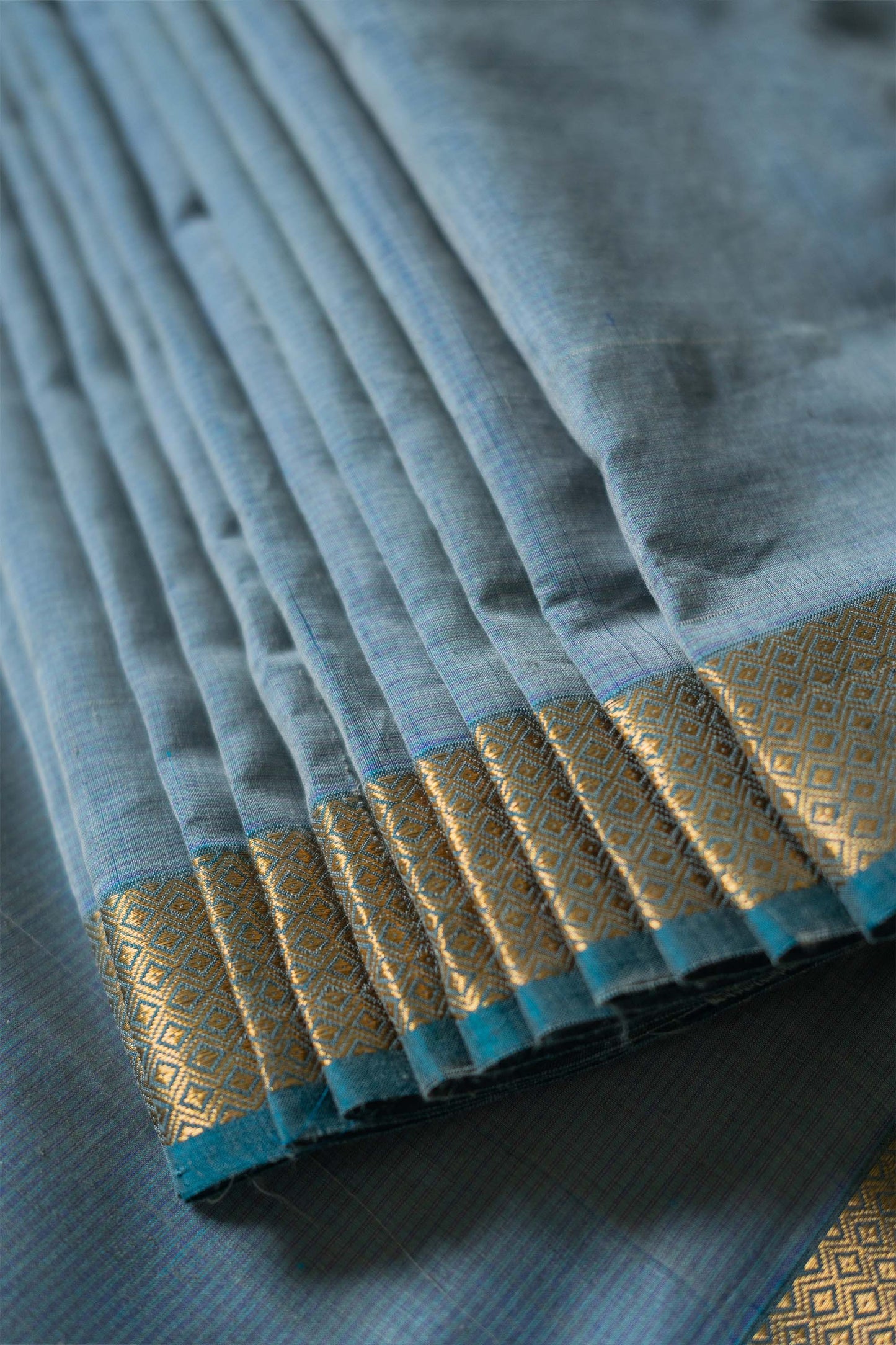 Greyish Blue silk Khadi Saree with Self Stripes & Zari border Saree