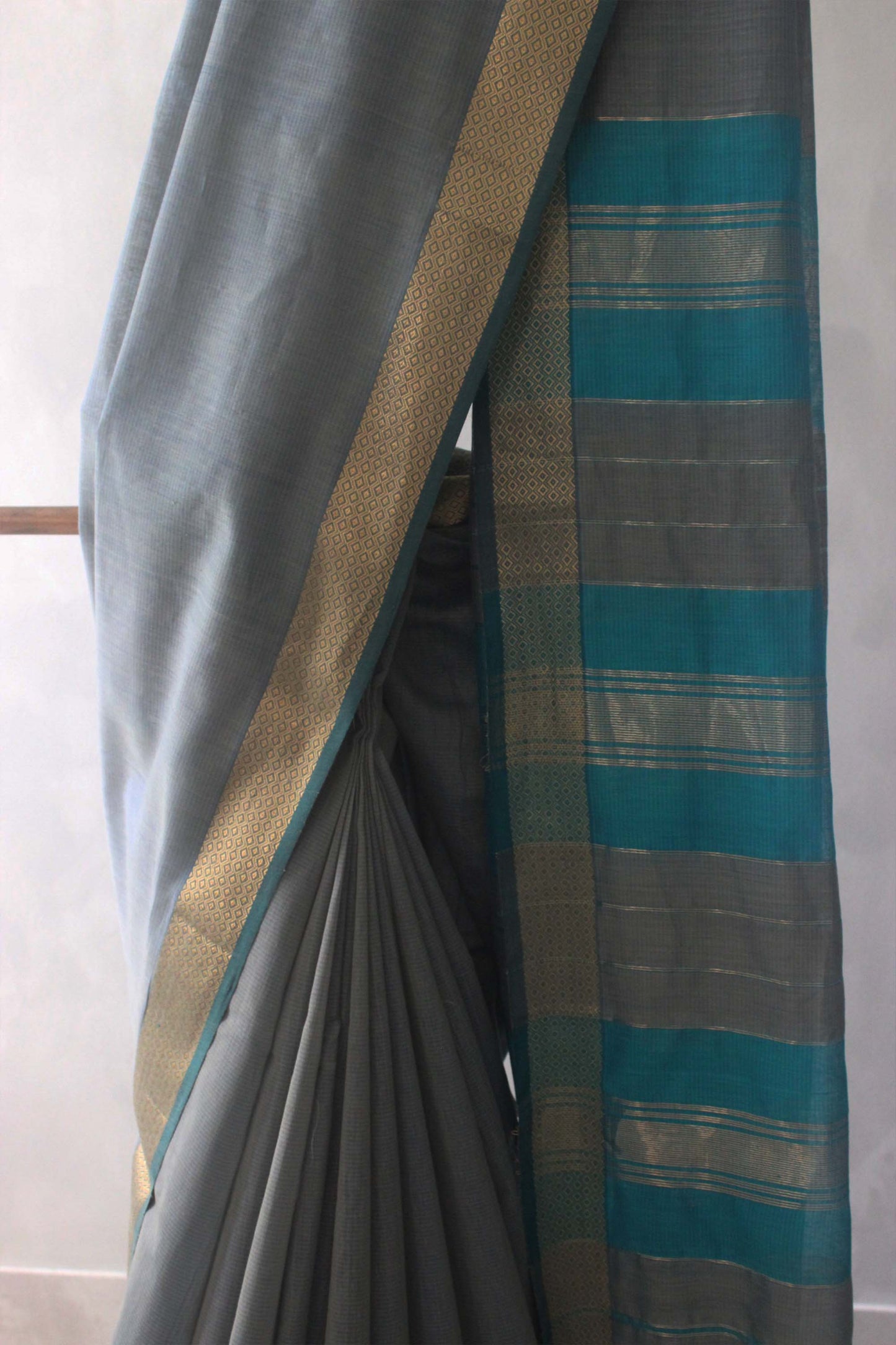 Greyish Blue silk Khadi Saree with Self Stripes & Zari border Saree