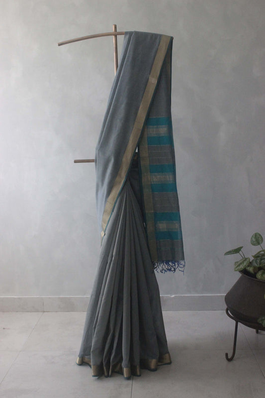 Greyish Blue silk Khadi Saree with Self Stripes & Zari border Saree