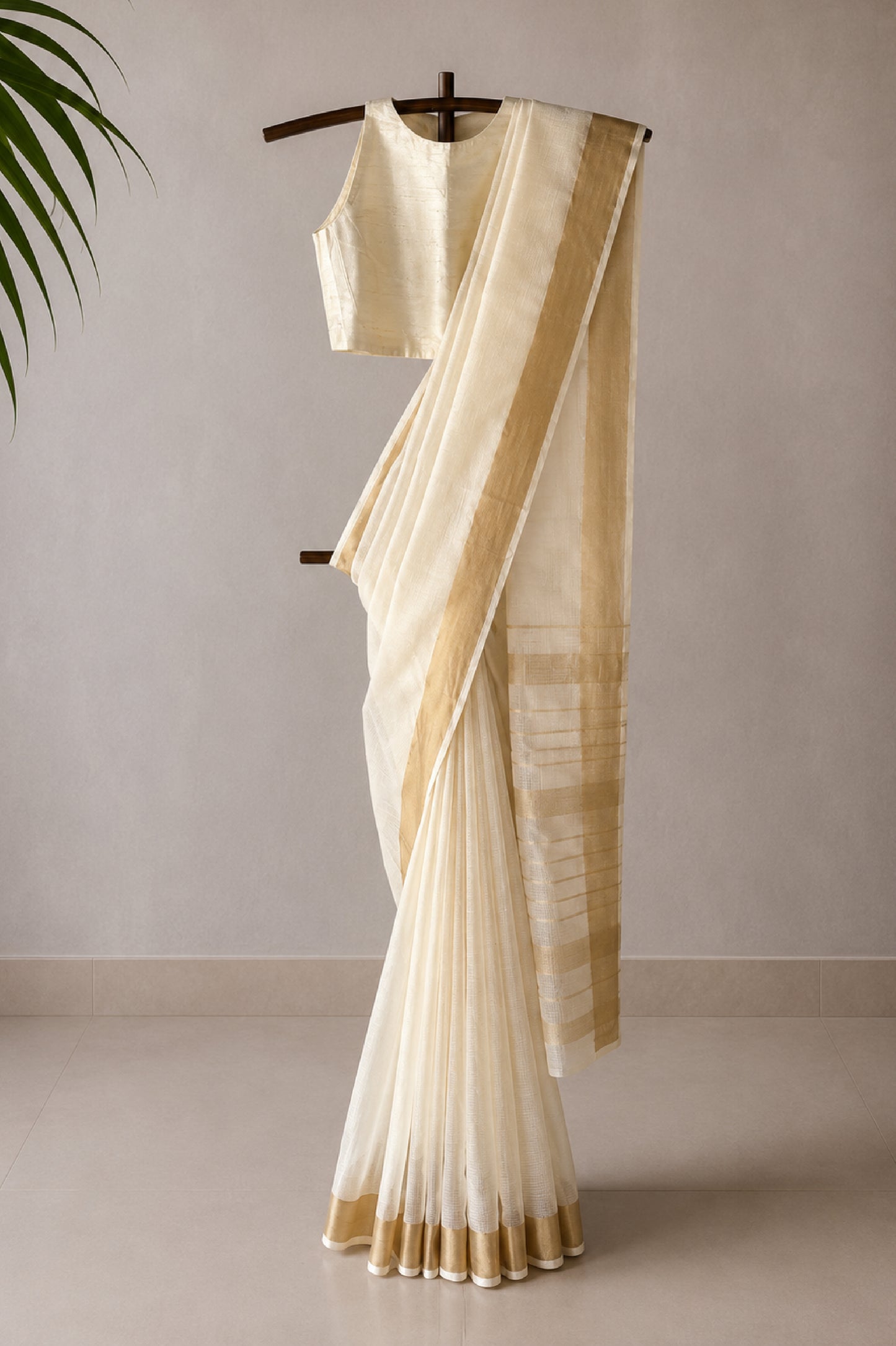 Ivory Kota Cotton Saree with Fine Gold Zari