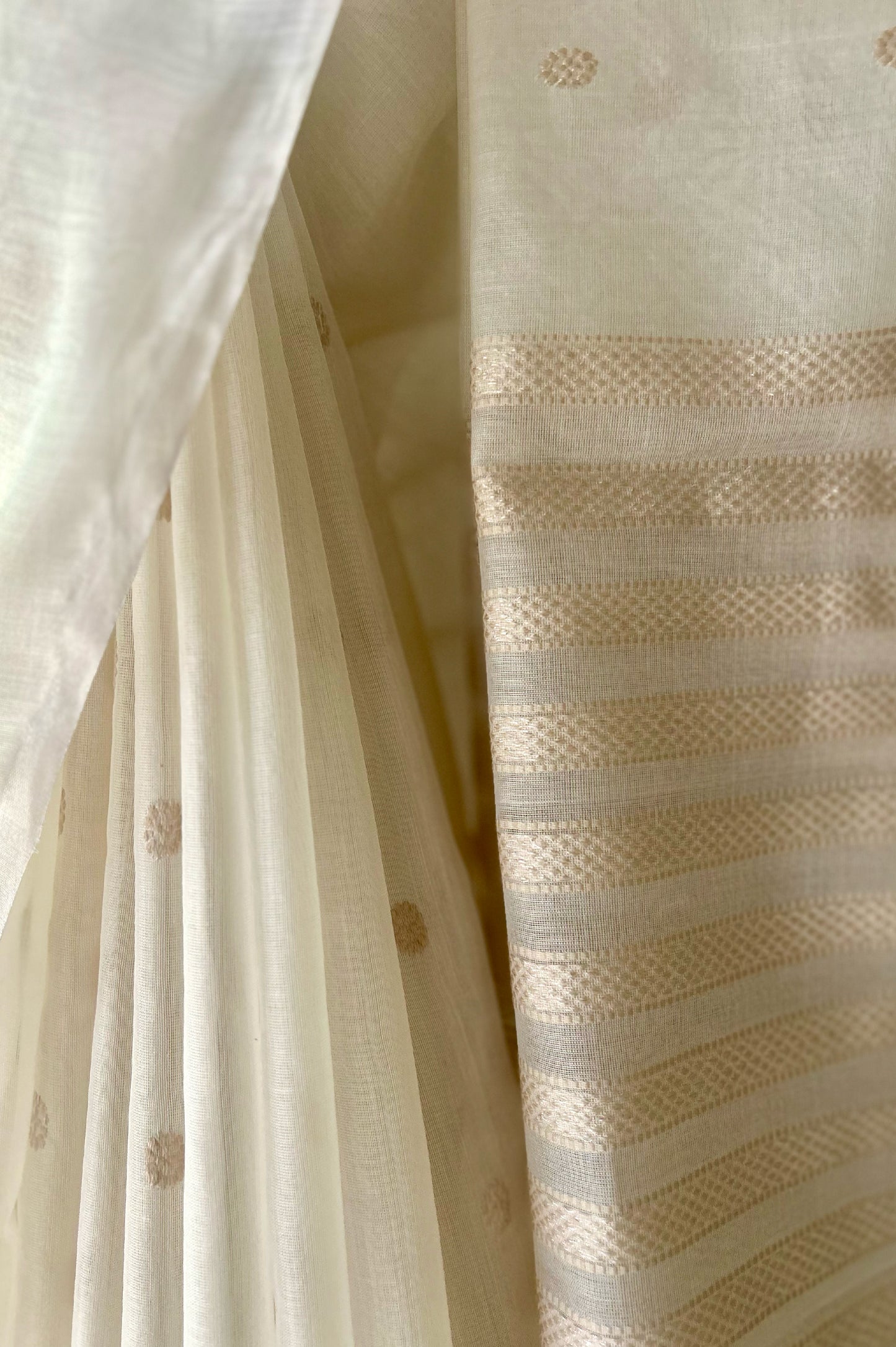 White Fine Chanderi Silk Saree with Gold Zari Buttis and Striped Pallu