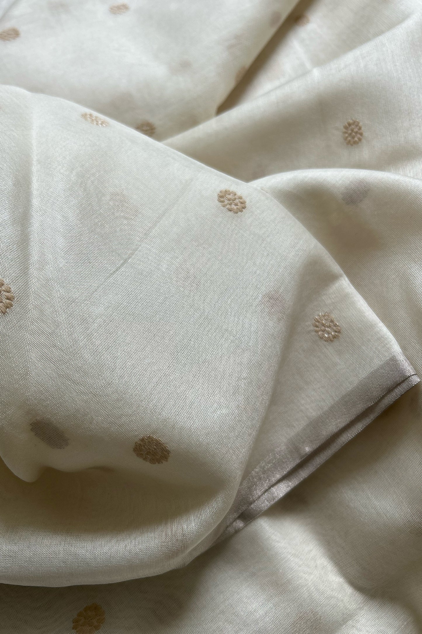White Fine Chanderi Silk Saree with Gold Zari Buttis and Striped Pallu