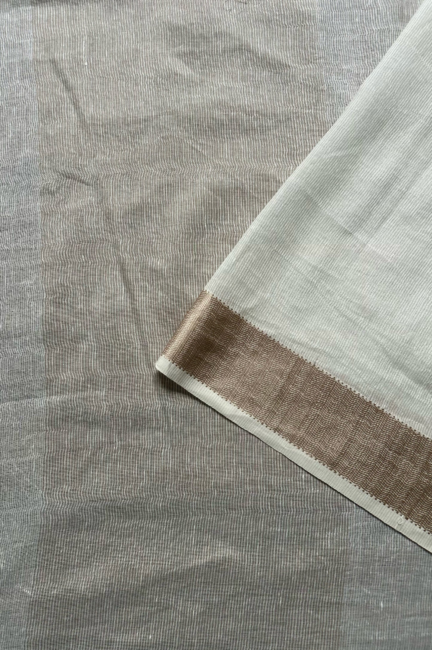 Off White Maheshwari Silk by Cotton Saree with Dobby Pin-Striped Border