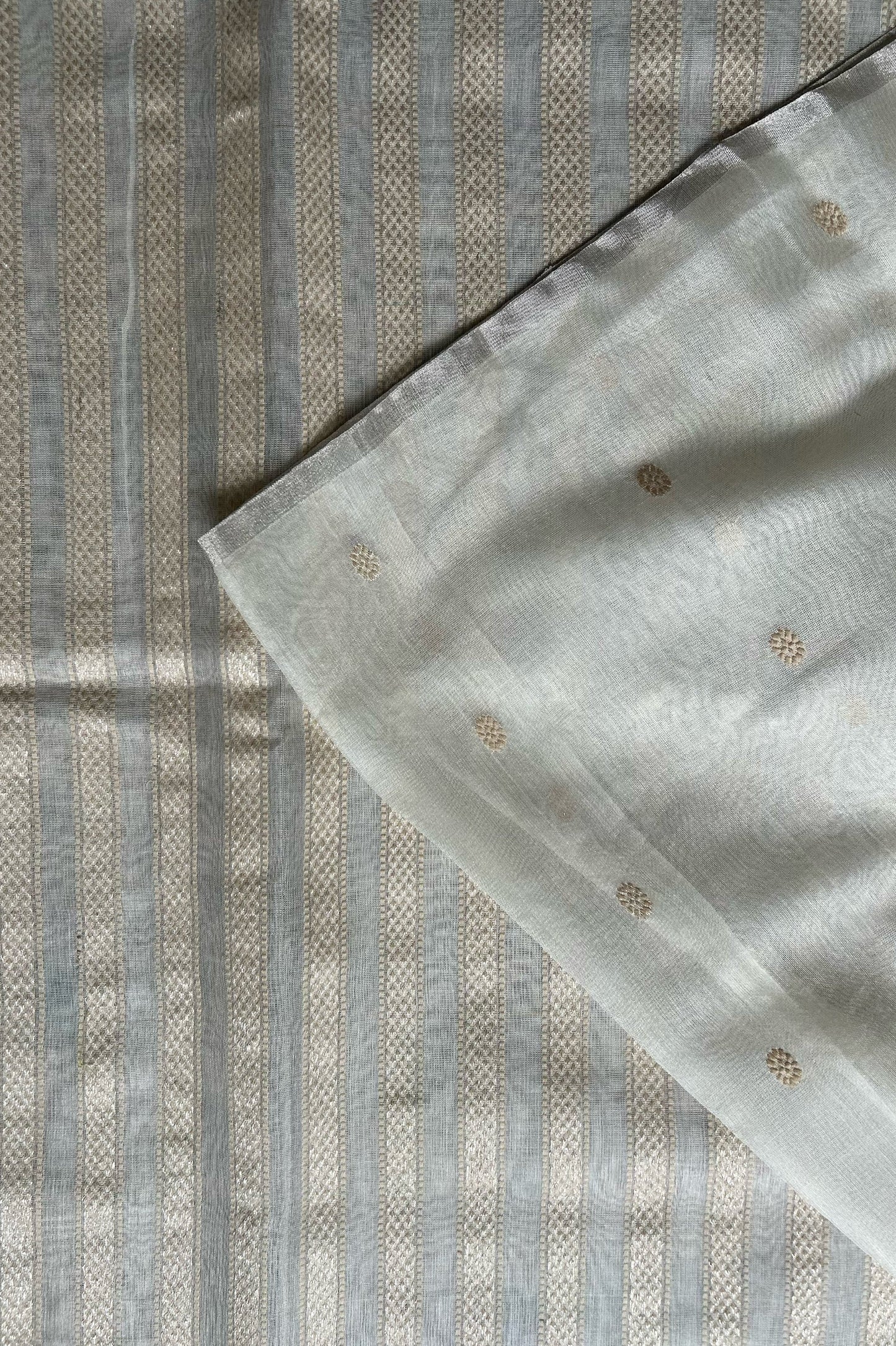 White Fine Chanderi Silk Saree with Gold Zari Buttis and Striped Pallu