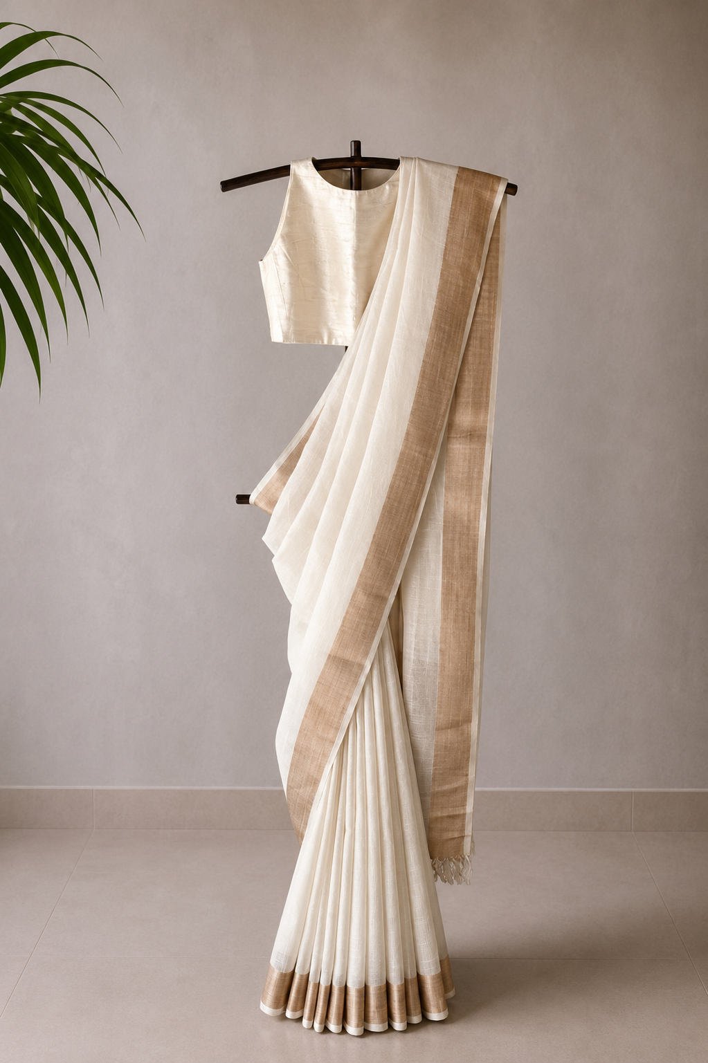 Off White Maheshwari Silk by Cotton Saree with Dobby Pin-Striped Border