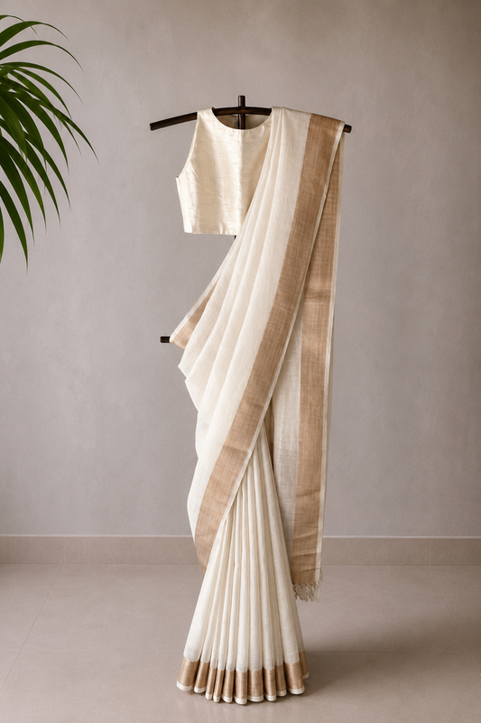 Off White Maheshwari Silk by Cotton Saree with Dobby Pin-Striped Border