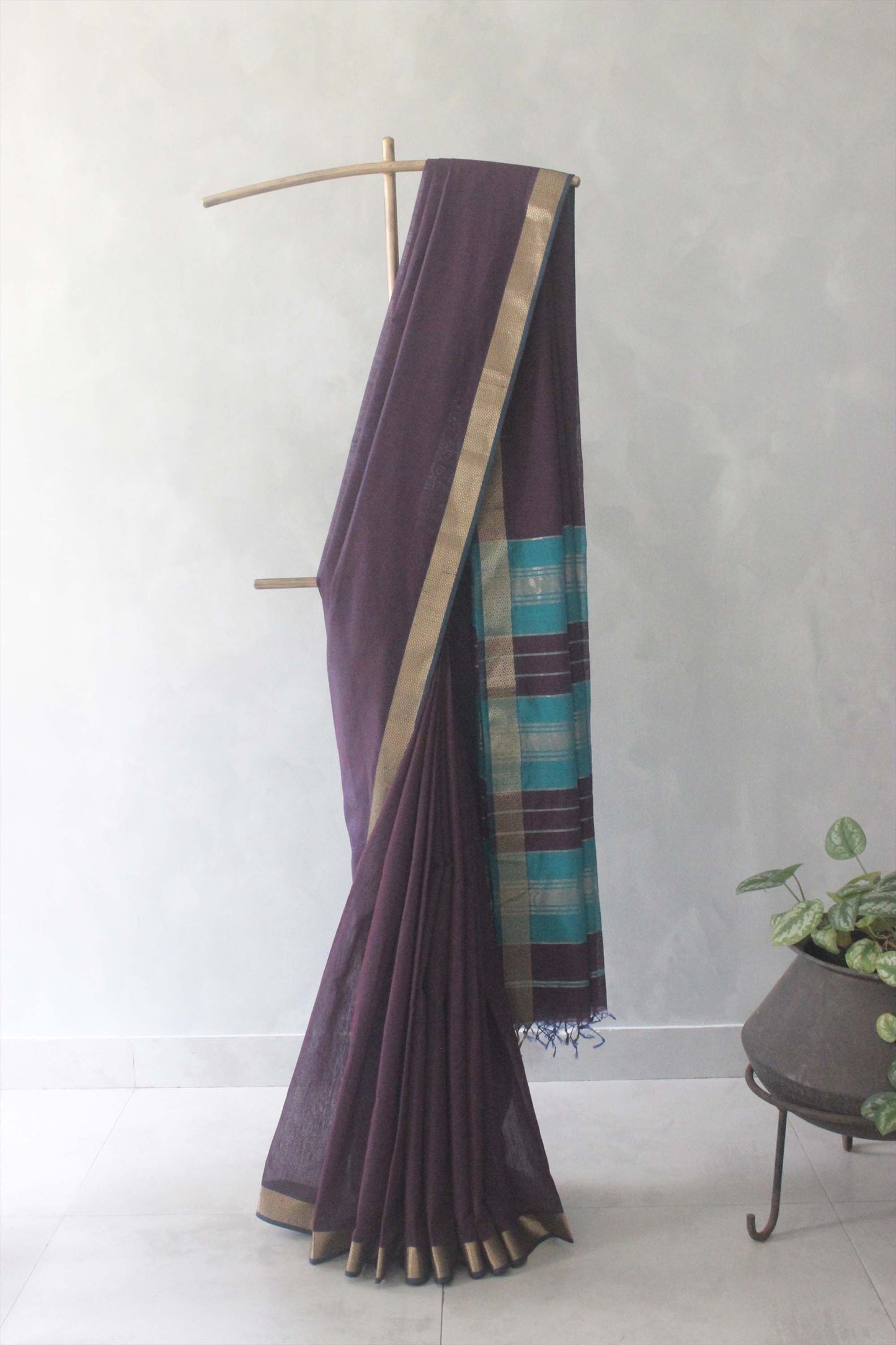 Violet Silk Khadi with Self Stripes & Zari Border Saree