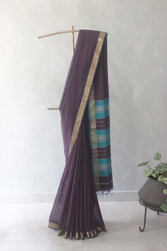 Violet Silk Khadi with Self Stripes & Zari Border Saree