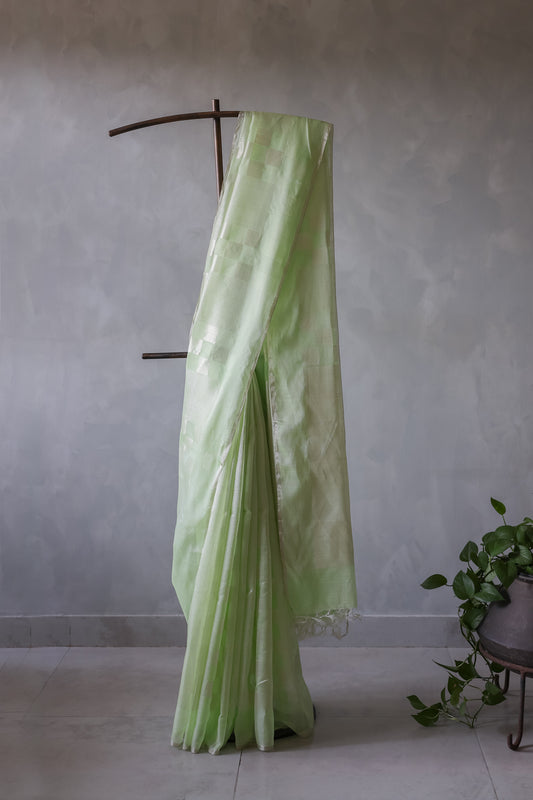 Pista Green Silk Cotton All Over Zari Striped and Zari Boxes Body Saree