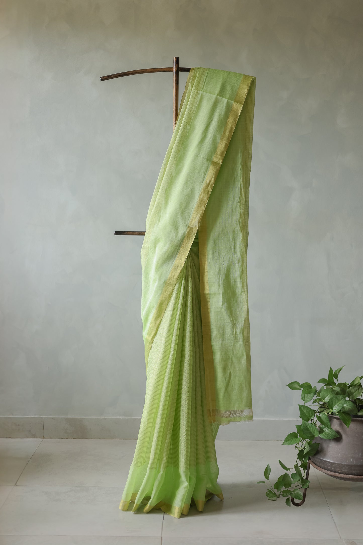 Light Green Khadi Plain Border Zari Checked Body Saree