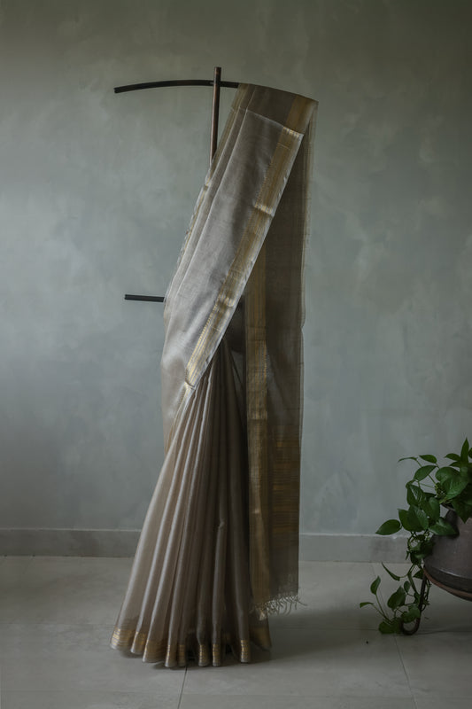 Grey Silk Cotton Plain Body Zari Doby Border Saree