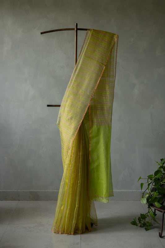 Parrot Green and Copper Silk Cotton All Over Gold Tissue Random Striped Saree