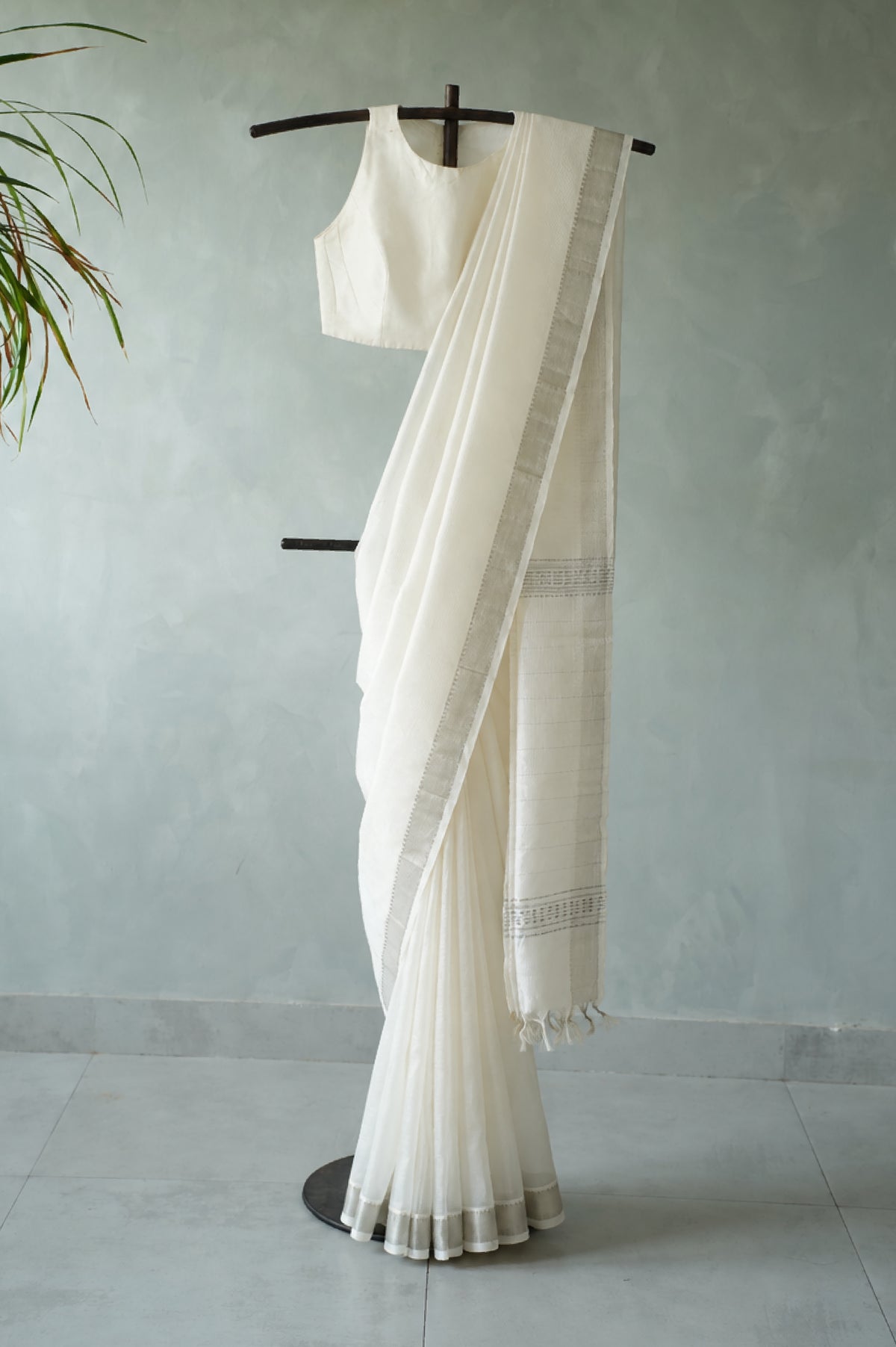 Ivory with Silver Border Mangalagiri Silk Cotton Saree