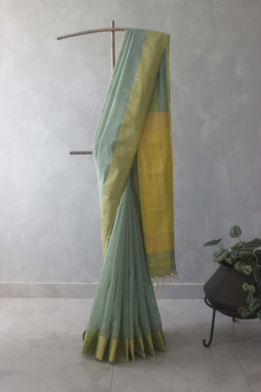 Light Green Zari & Resham Motif with Zari Border Saree