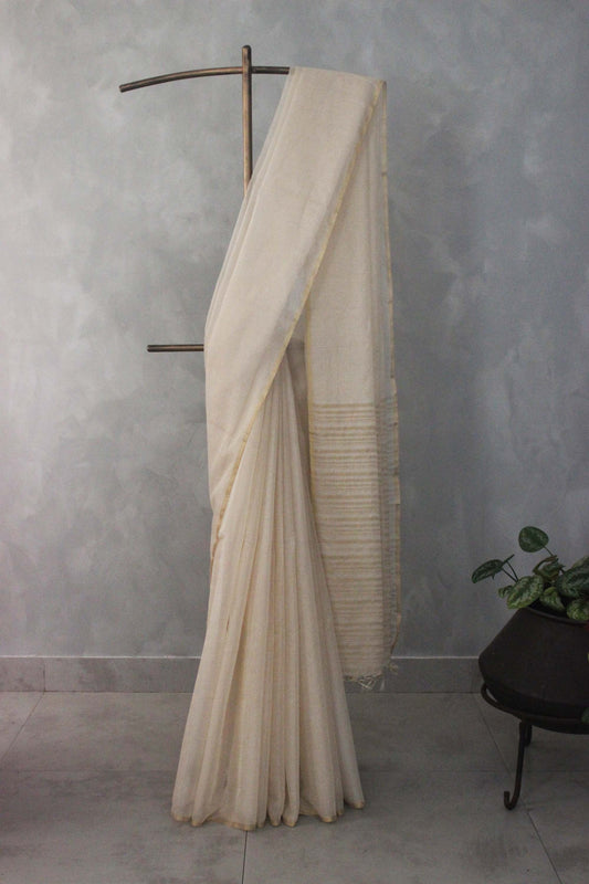 Off White Silk with Mercerized Cotton and All Over Zari Checks Saree