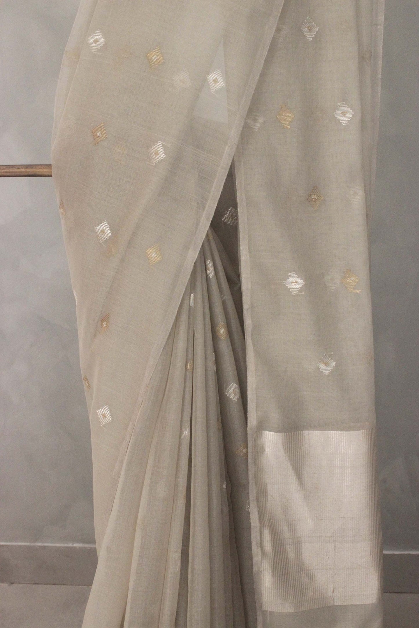 Grey silk with mercerised cotton and all over meena diamond motif saree